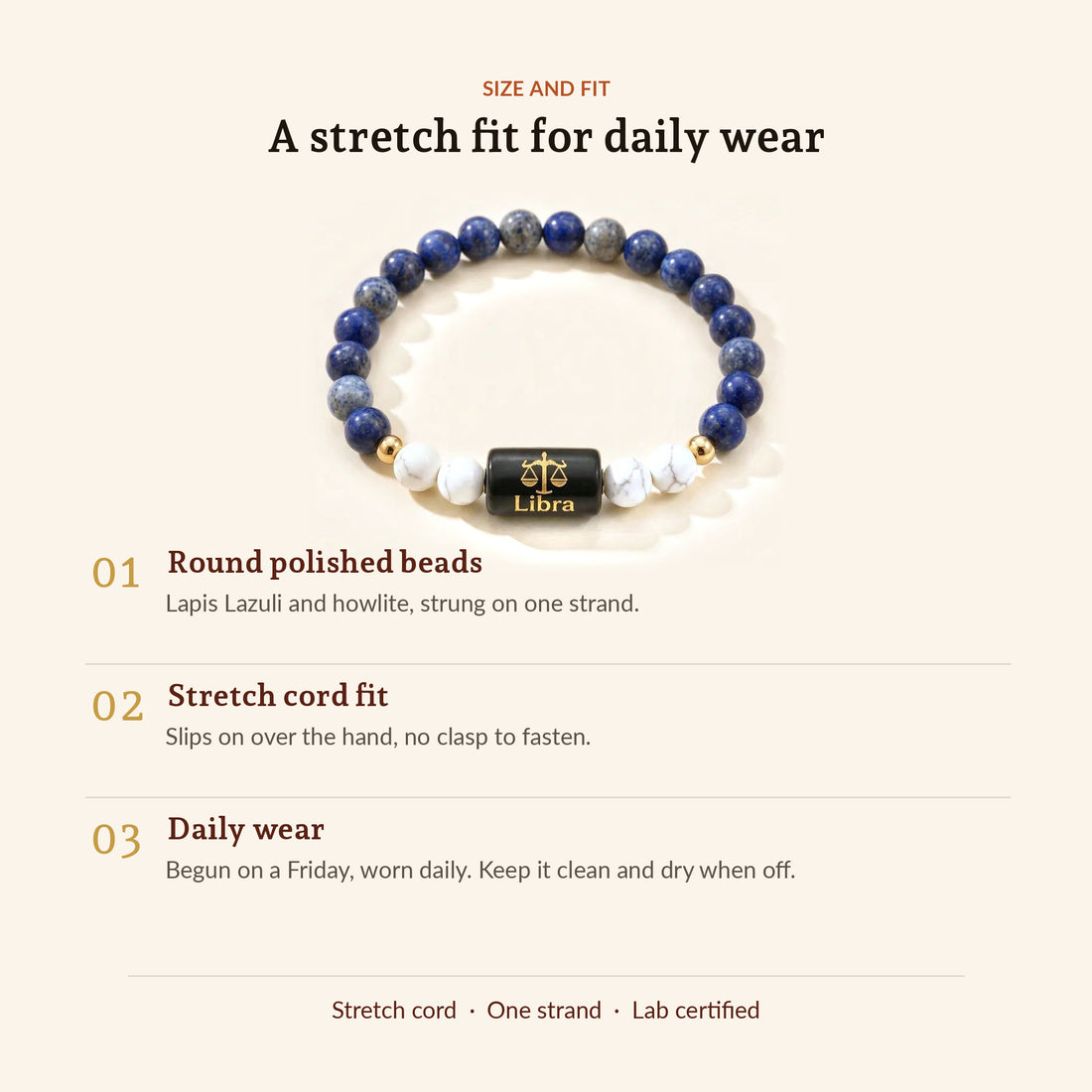 Libra Zodiac Lapis Lazuli & Howlite Bracelet, size and fit