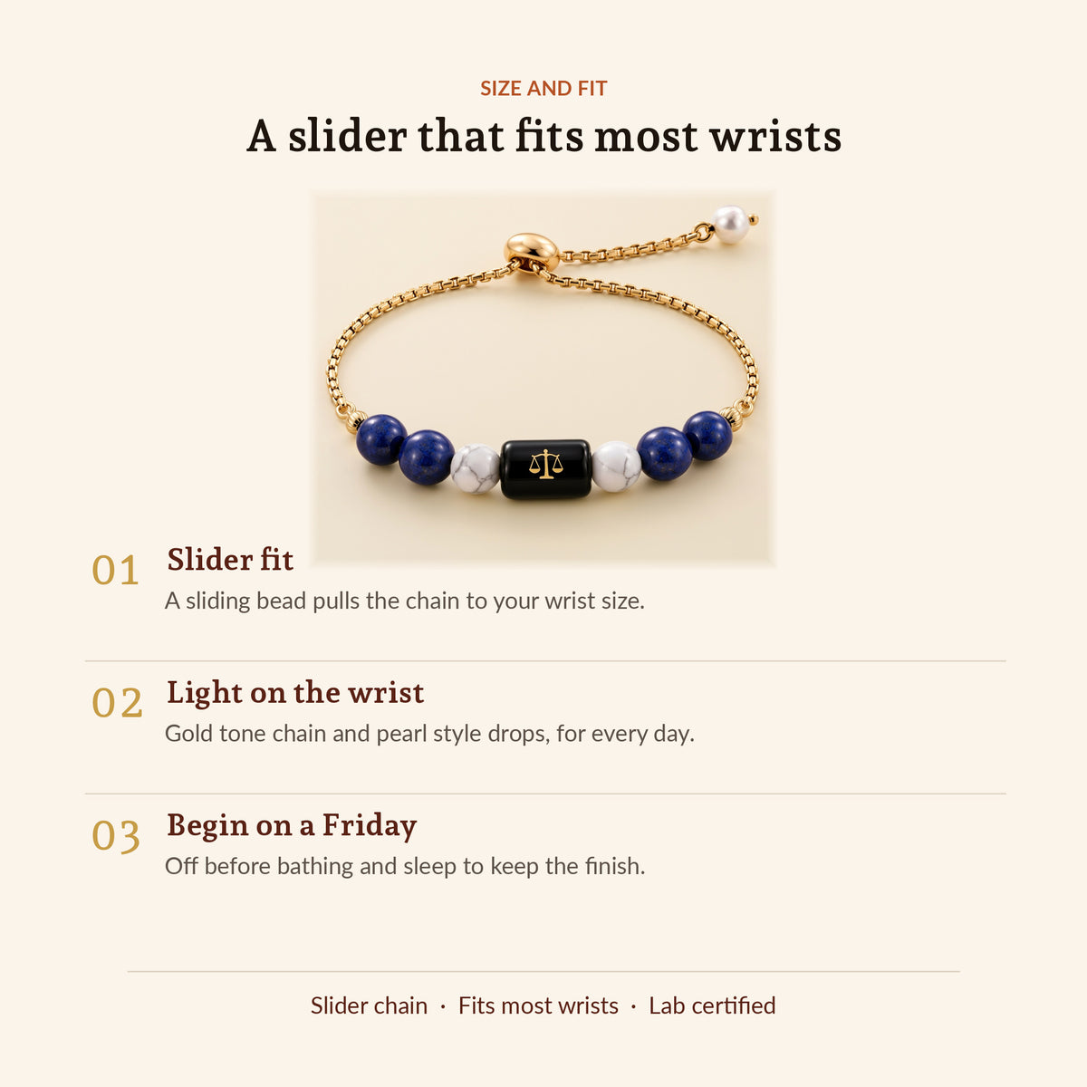 Libra Zodiac Slider Bracelet for Women, size and fit