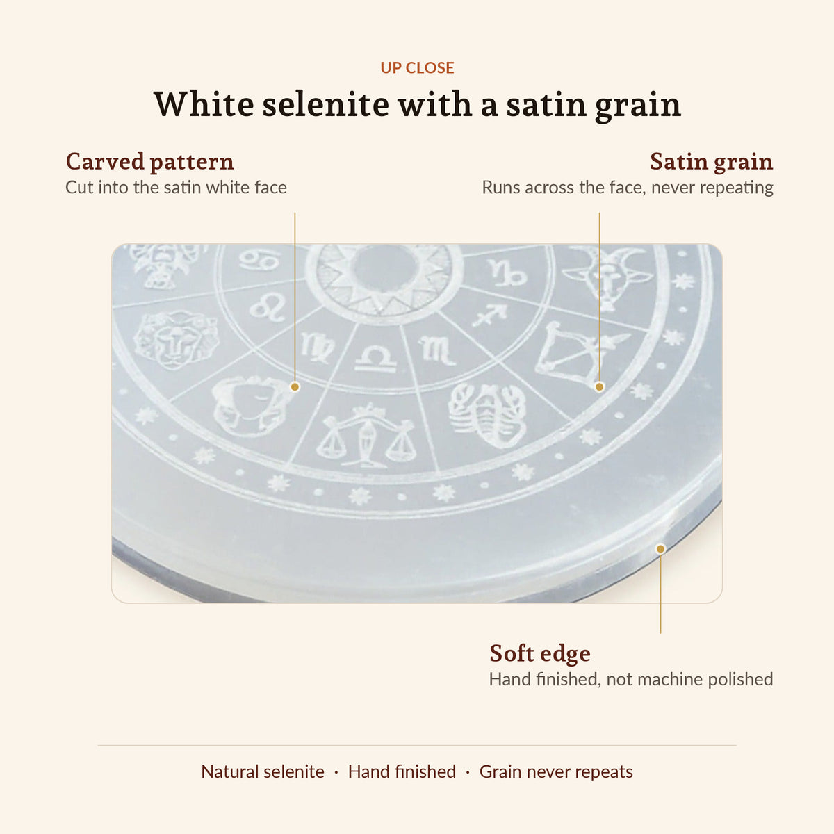 Natural Selenite Charging Plate, up close