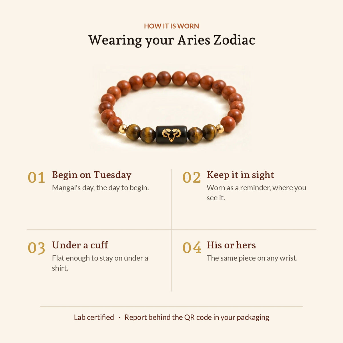 Aries Zodiac Red Jasper & Tiger's Eye Bracelet, how it is worn