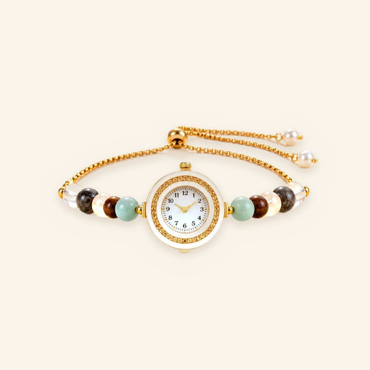 Dhan Yog Watch for Women: Gold Tone Crystal Bead Strap
