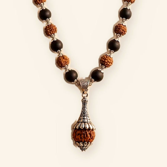 Divya Rudraksha Gada Mala: Silver Cap Karungali Rudraksha