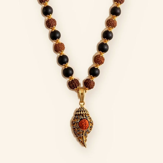 Divya Shankh Mala: Gold Cap Karungali Rudraksha
