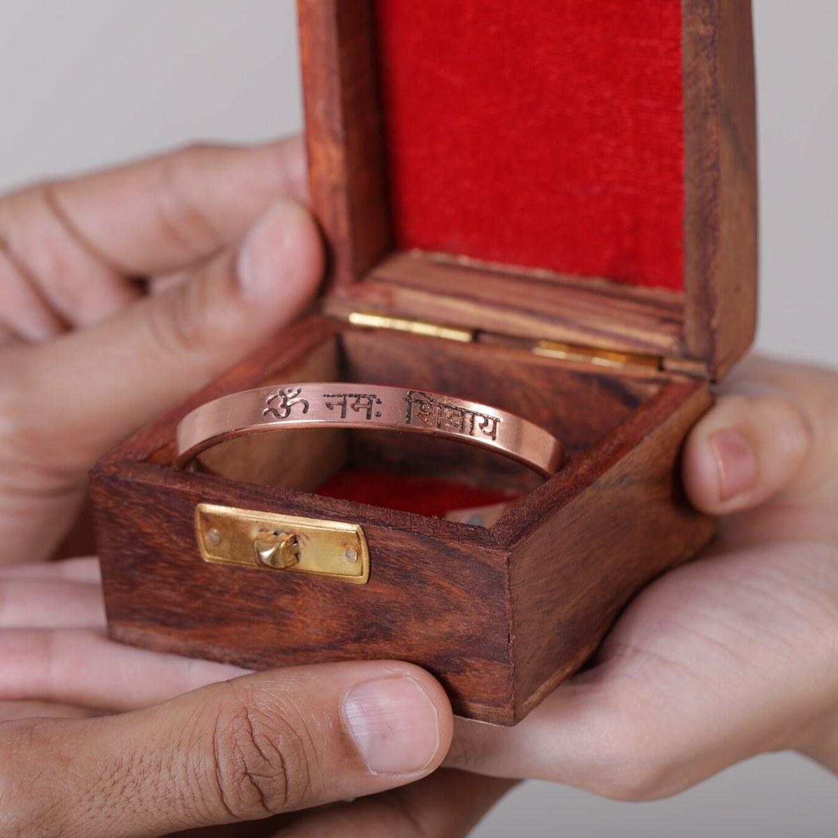 Copper Om Namah Shivaya kada presented in a wooden gift box