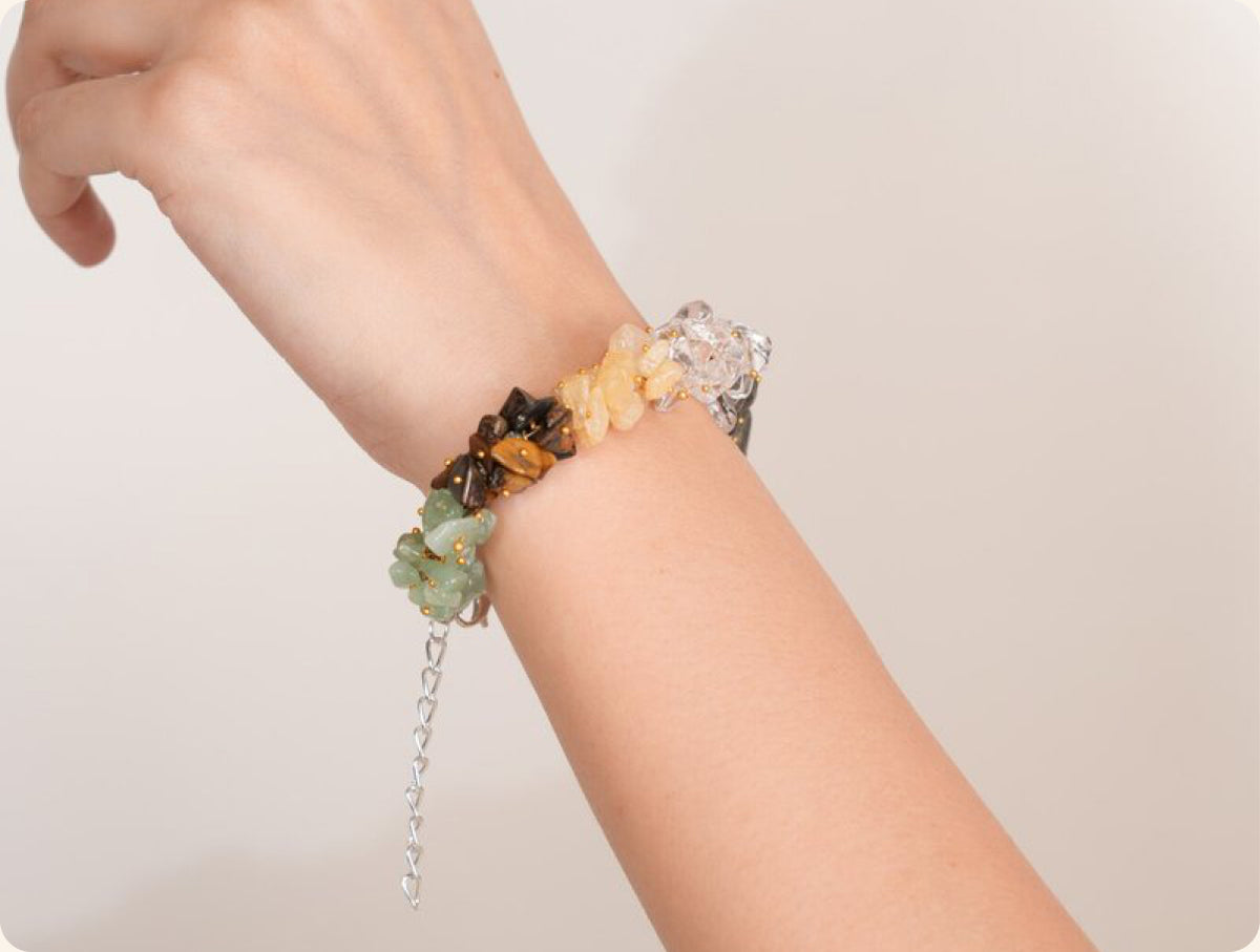 Woman wearing crystal chip bracelet