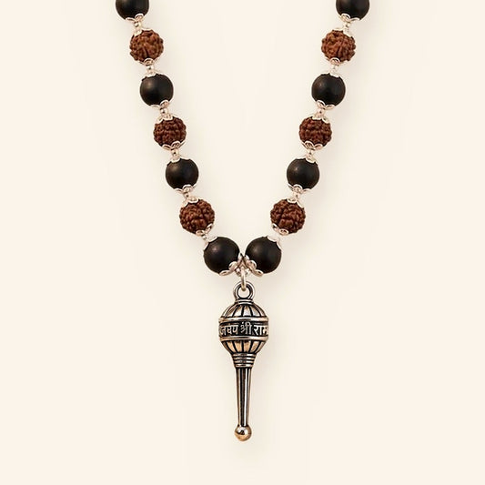 Jai Shri Ram Gada Mala: Silver Cap Karungali Rudraksha