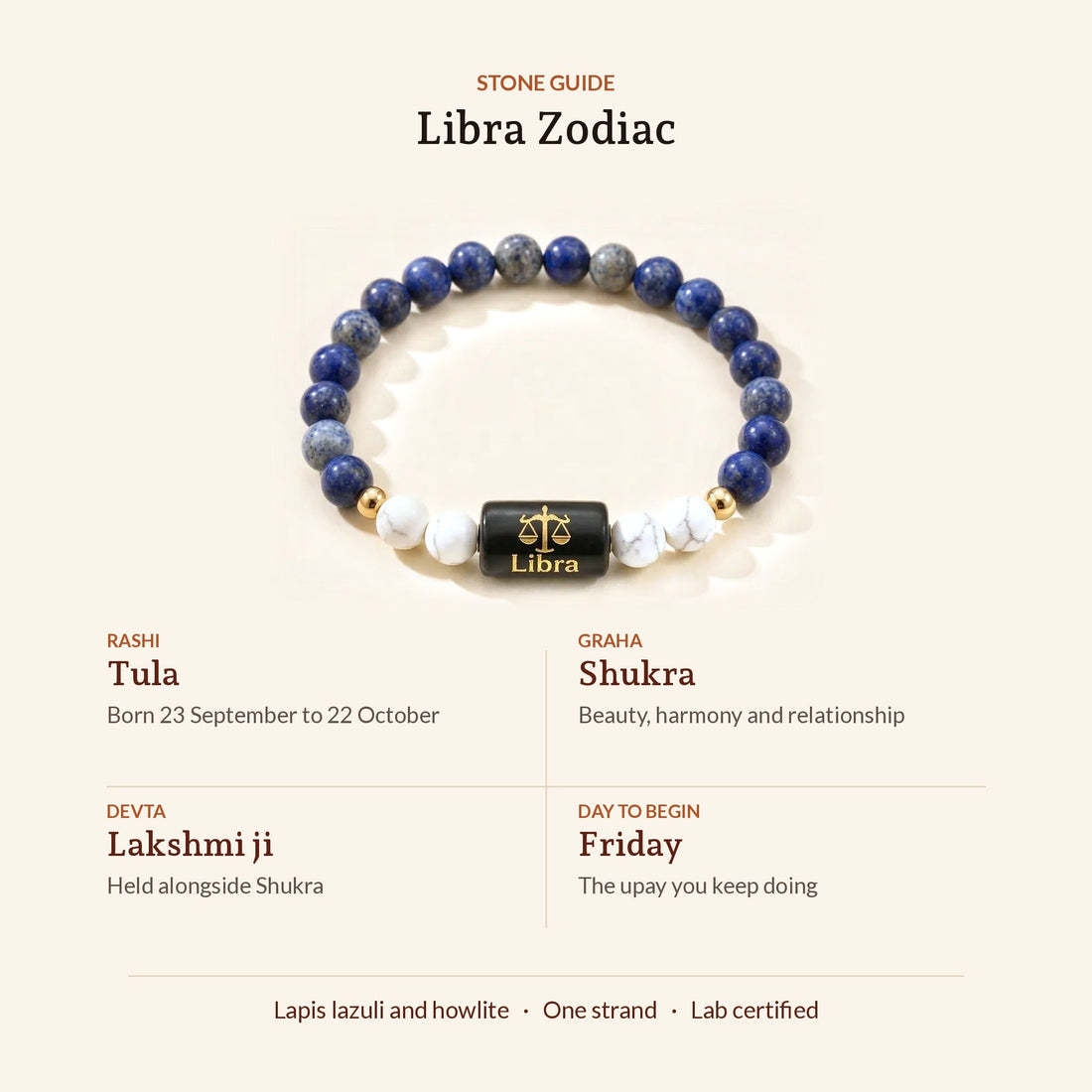 Libra Zodiac Lapis Lazuli & Howlite Bracelet, stone guide