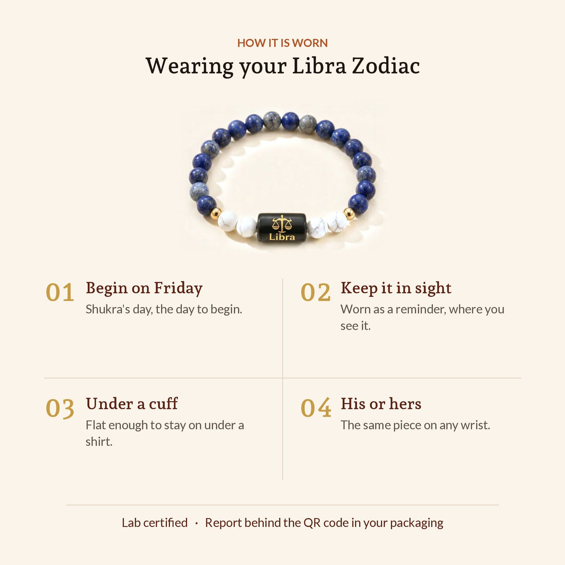 Libra Zodiac Lapis Lazuli & Howlite Bracelet, how it is worn