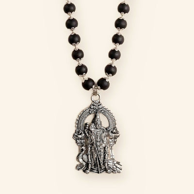 Lord Murugan Mala: Silver Cap Karungali, Vel Pendant