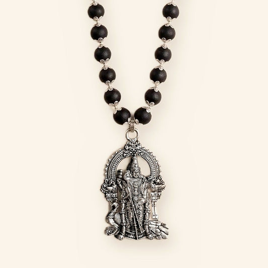 Lord Murugan Mala: Silver Cap Karungali, Vel Pendant