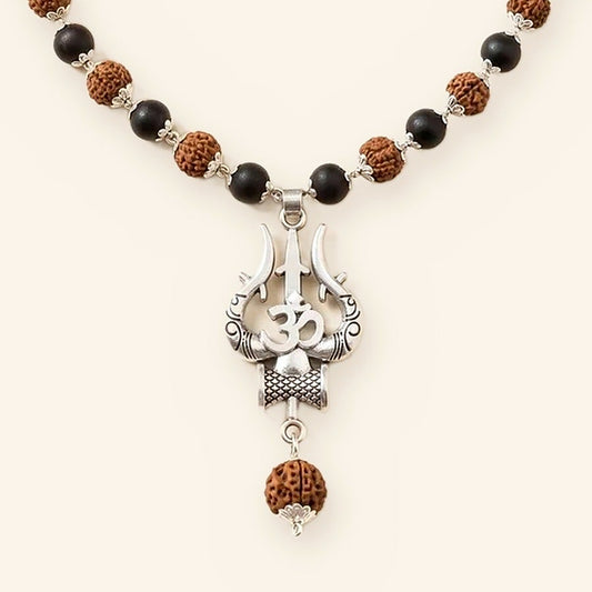 Om Trishul Shiv Mala: Silver Cap Karungali Rudraksha