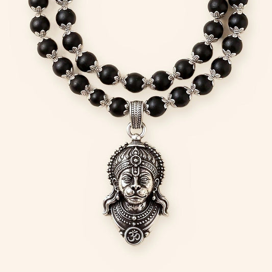 Sankat Mochan Hanuman Ji Mala: Silver Cap Karungali, Face Pendant