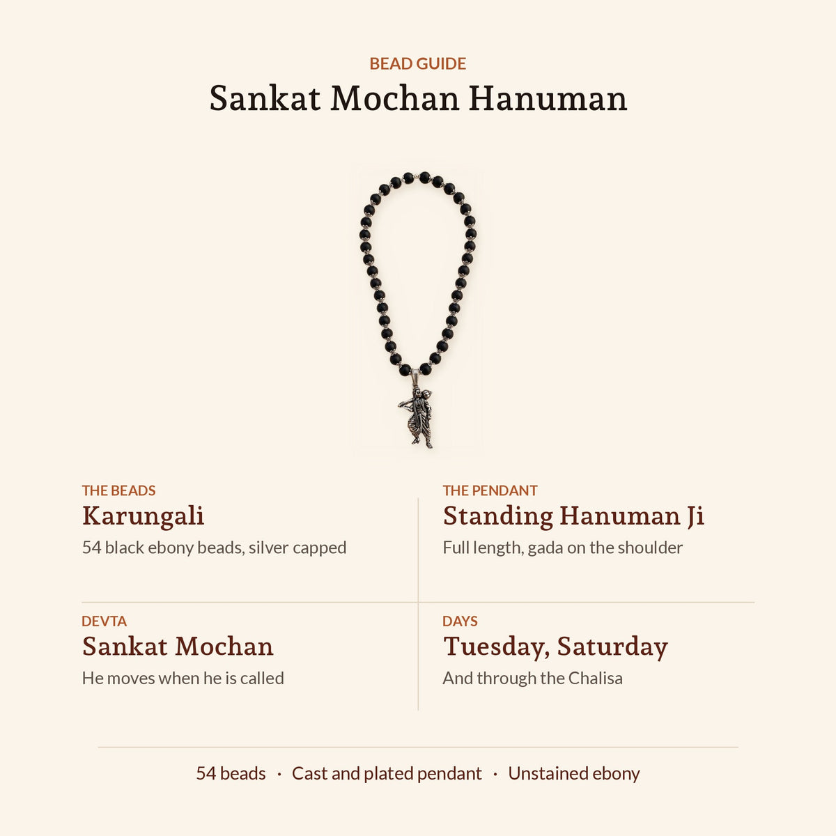 Sankat Mochan Hanuman Mala: Silver Cap Karungali, Standing Murti, bead guide