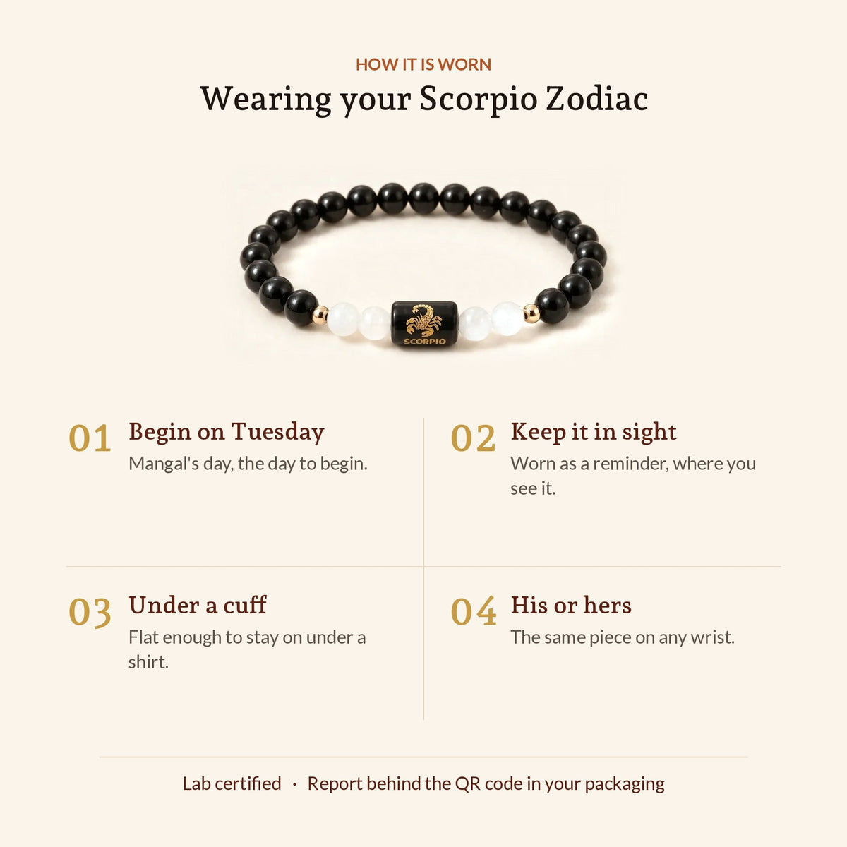 Scorpio Zodiac Black Obsidian & Milky Quartz Bracelet, how it is worn