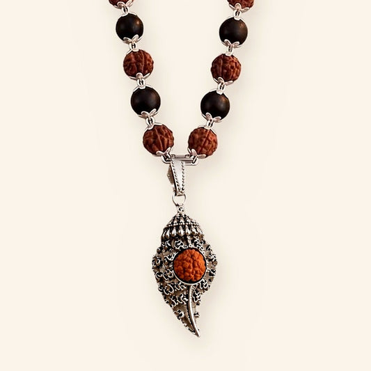 Shiv Shankh Raksha Mala: Silver Cap Karungali Rudraksha