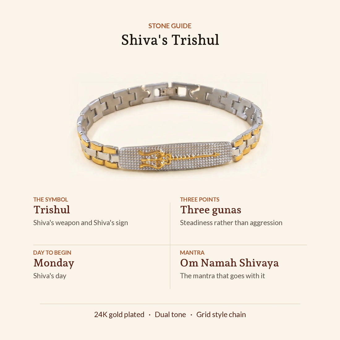 Shiva's Trishul 24K Gold Plated Dual Tone Bracelet, stone guide