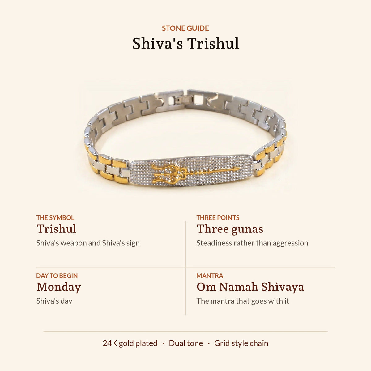 Shiva's Trishul 24K Gold Plated Dual Tone Bracelet, stone guide