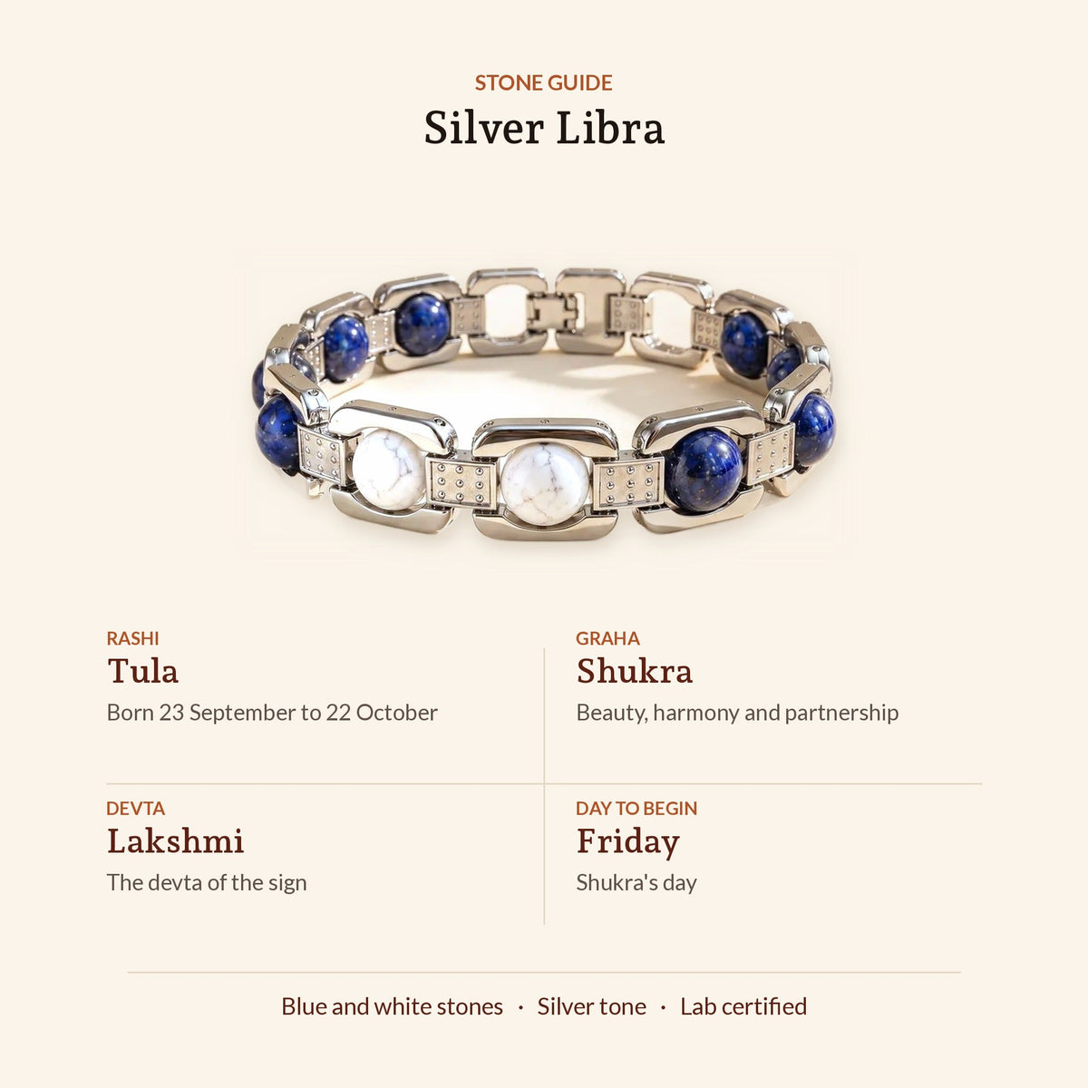 Silver Tone Libra Bracelet, stone guide