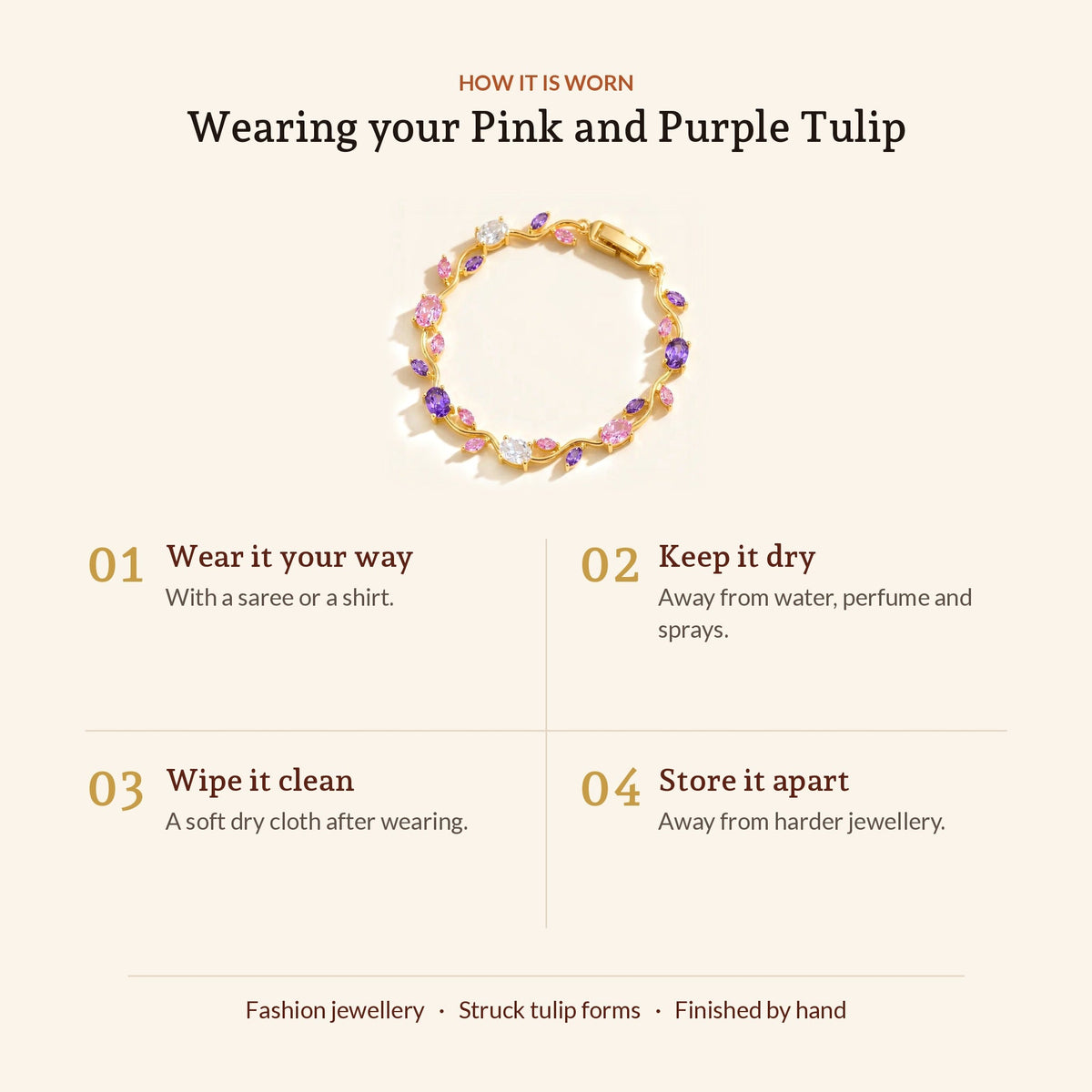 Tulip Flower Bracelet (Pink and Purple), how it is worn