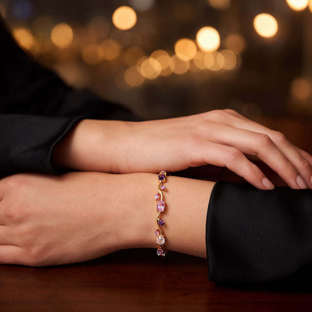 Pink and purple tulip bracelet at an evening event