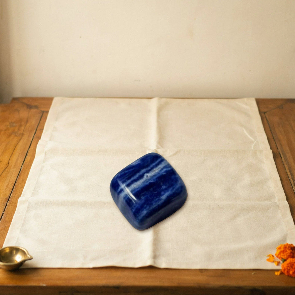 natural sodalite tumble placed on a shelf