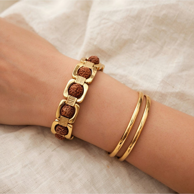 Gold Plated Rudraksha Bracelet, with thin gold bangles