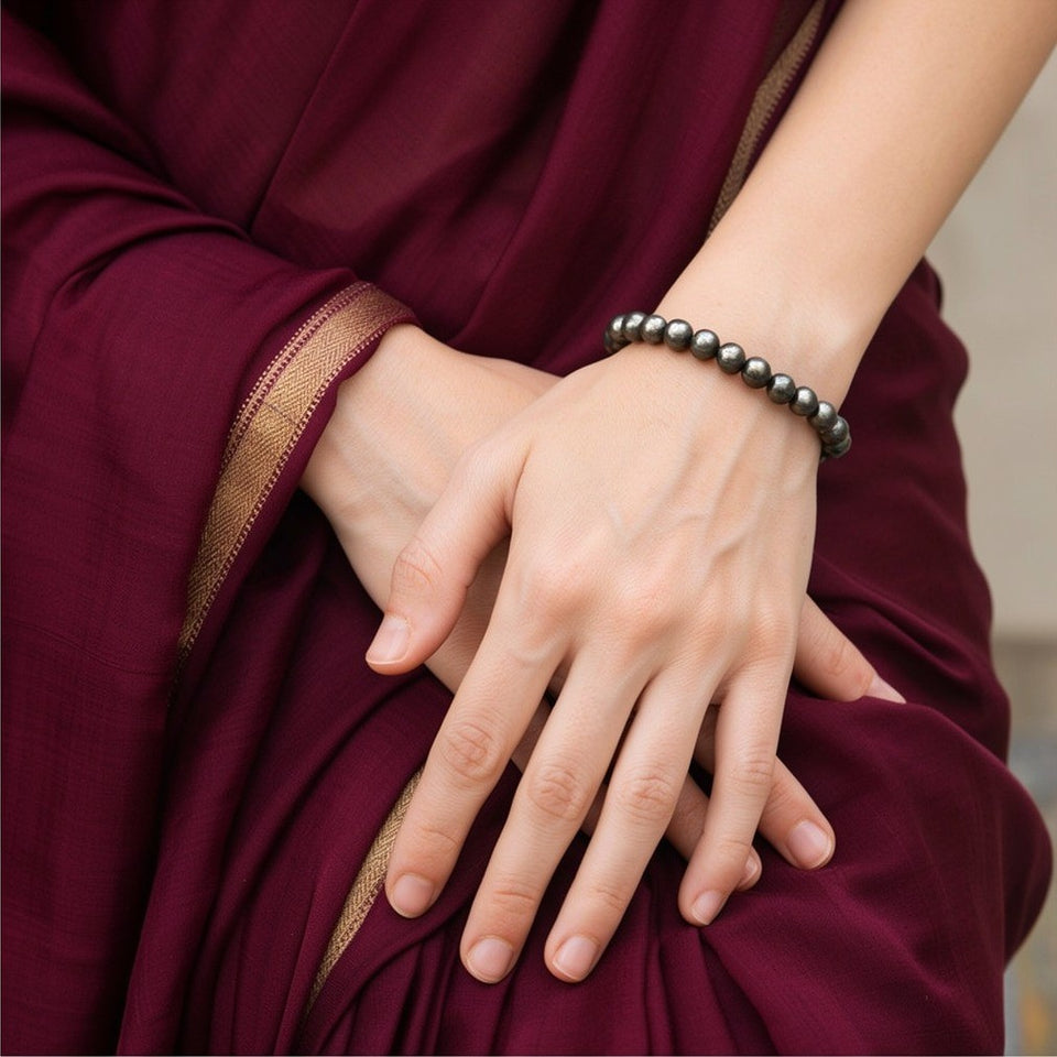 Money Magnet Pyrite Bracelet, worn with a saree