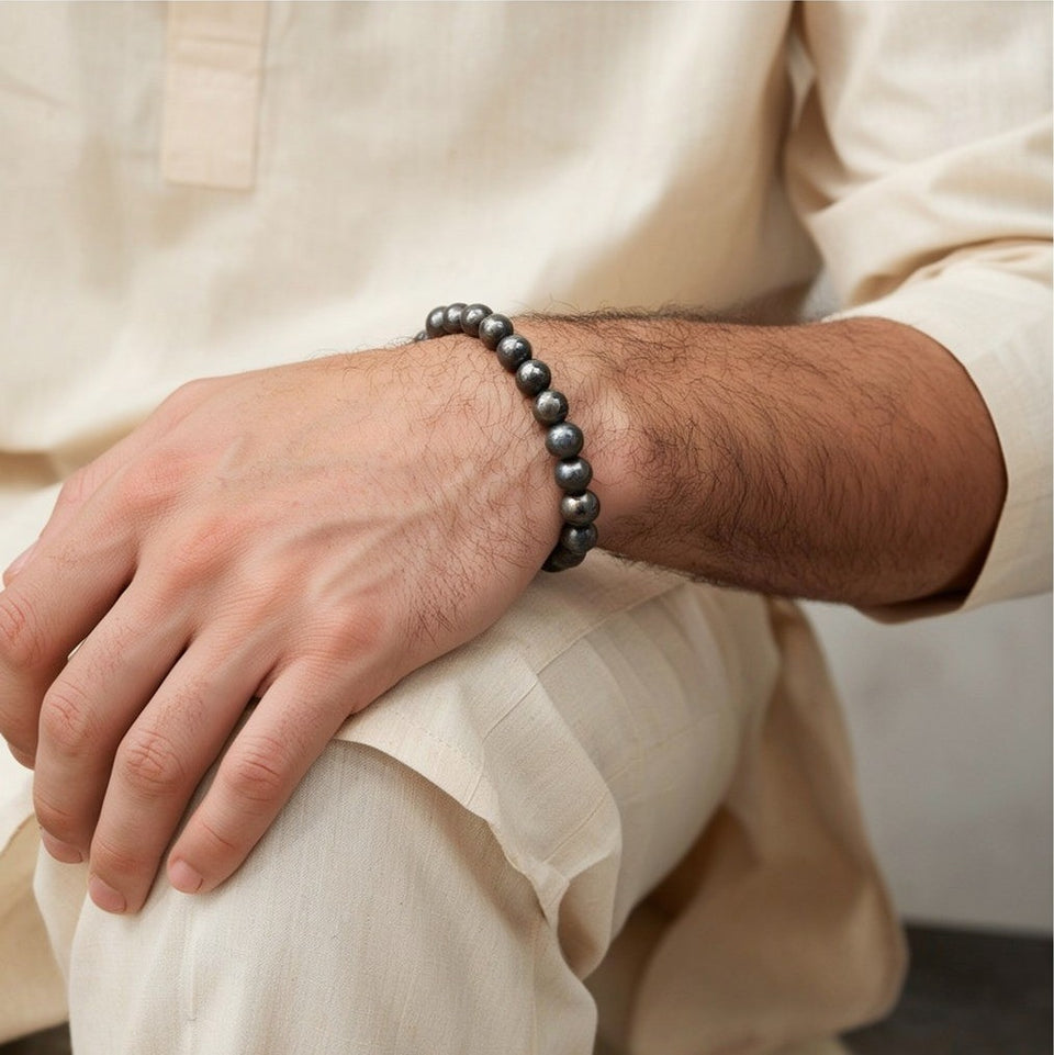 Money Magnet Pyrite Bracelet, worn with a kurta