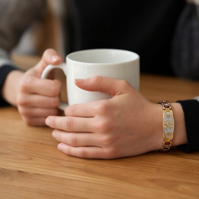 Om Rudraksha Bracelet, everyday, with a coffee