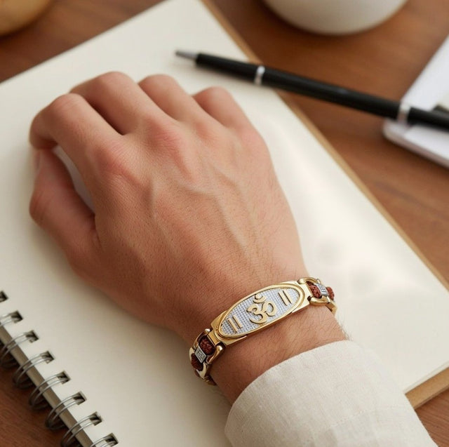 Om Rudraksha Bracelet, at the desk