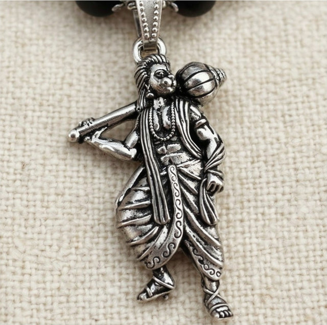 Sankat Mochan Hanuman Mala: Silver Cap Karungali, Standing Murti, close-up detail