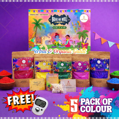Divine Vrindavan Organic Holi Gulal Box - Set of 5 Gulal Pouch (80Gms Each)  with Free Japa Counter