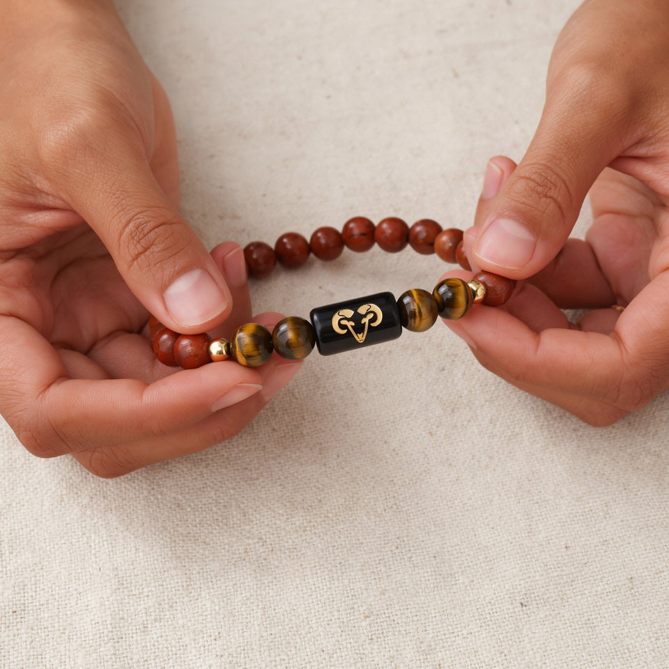 Aries zodiac red jasper and tiger's eye bracelet - fit 1