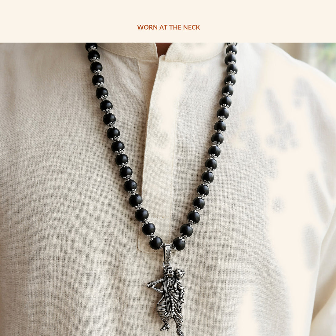 Sankat Mochan Hanuman Mala: Silver Cap Karungali, Standing Murti, in use