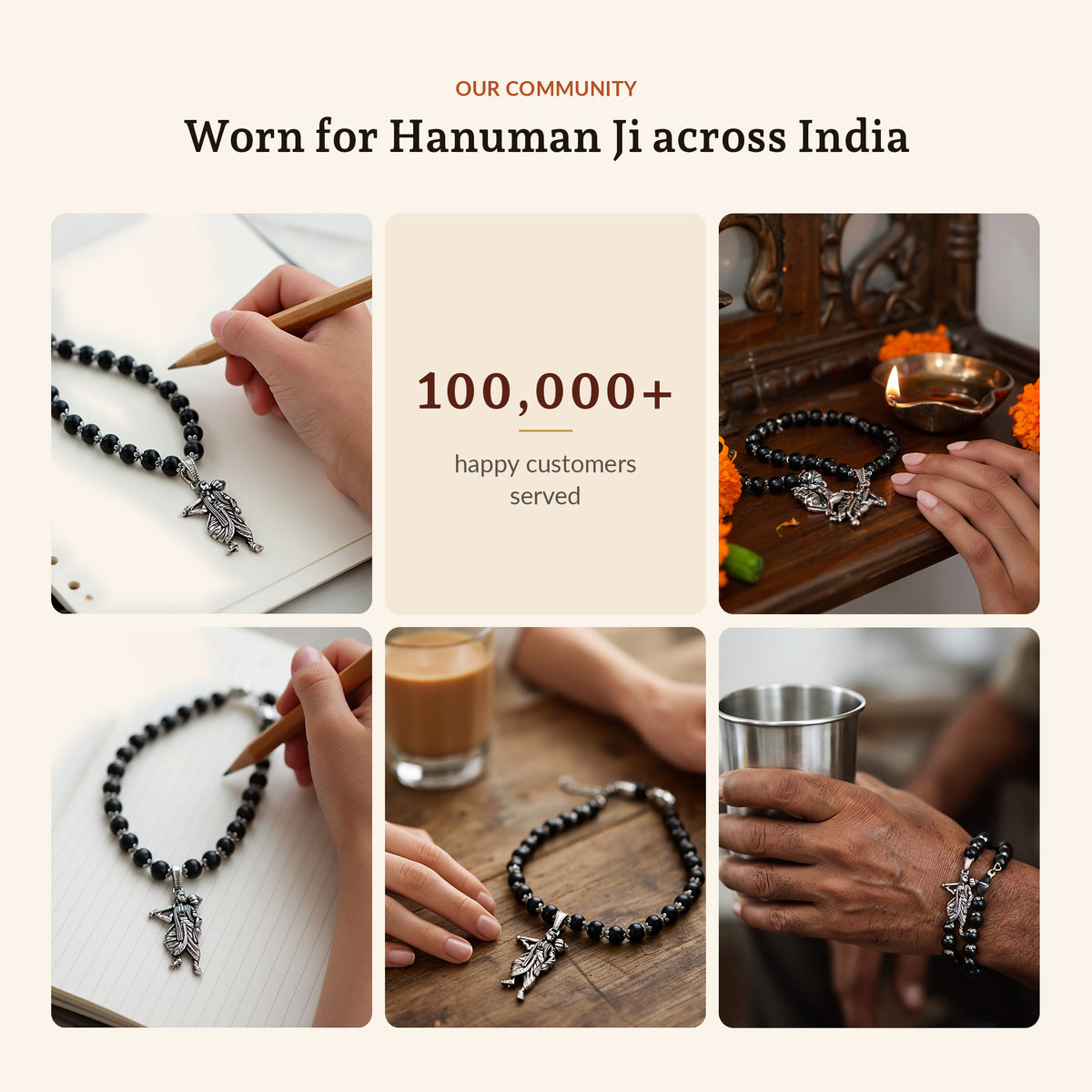 Sankat Mochan Hanuman Mala: Silver Cap Karungali, Standing Murti, worn across India