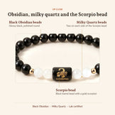 Scorpio Zodiac Black Obsidian & Milky Quartz Bracelet, up close