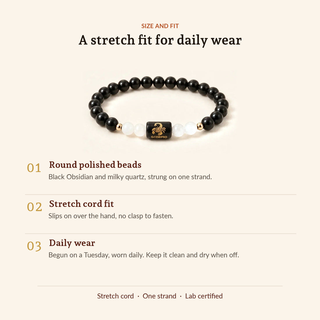 Scorpio Zodiac Black Obsidian & Milky Quartz Bracelet, size and fit