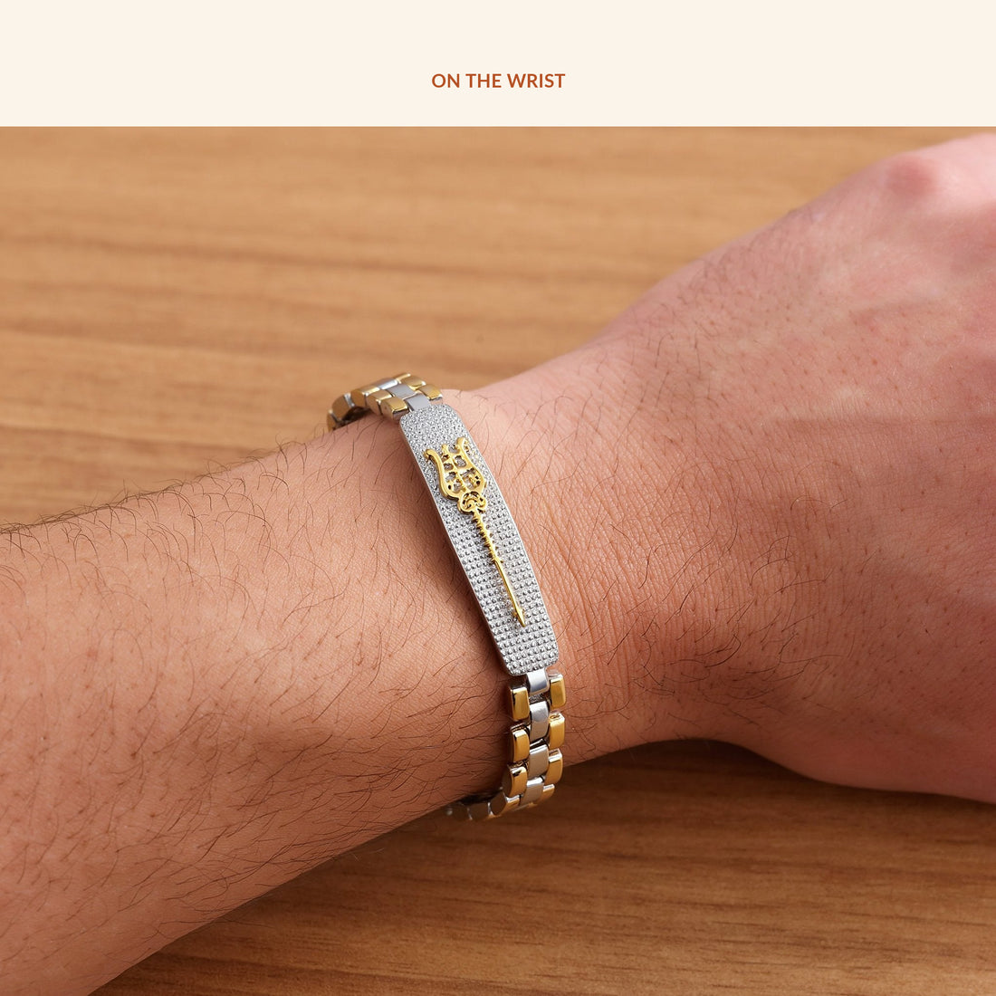 Shiva's Trishul 24K Gold Plated Dual Tone Bracelet, on the wrist