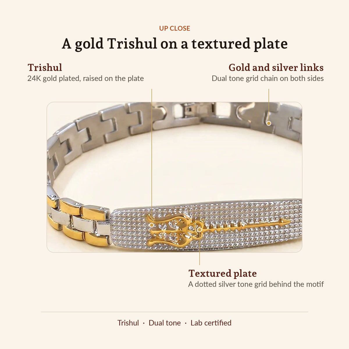 Shiva's Trishul 24K Gold Plated Dual Tone Bracelet, up close