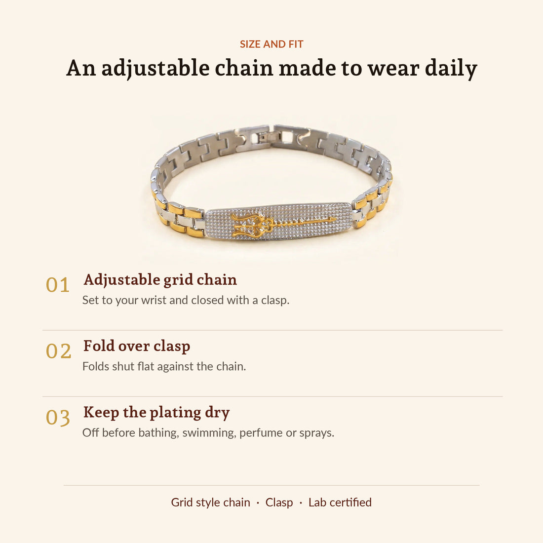 Shiva's Trishul 24K Gold Plated Dual Tone Bracelet, size and fit