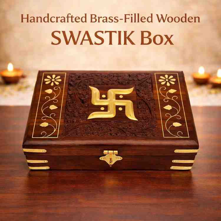 Handcrafted Brass-Filled Wooden SWASTIK Box | Good Luck & Spiritual Storage Box