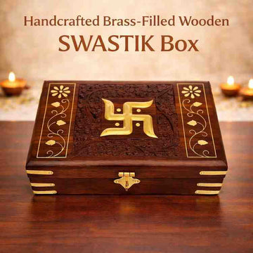 Handcrafted Brass-Filled Wooden SWASTIK Box | Good Luck & Spiritual Storage Box - 1