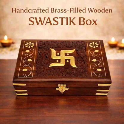 Handcrafted Brass-Filled Wooden SWASTIK Box | Good Luck & Spiritual Storage Box