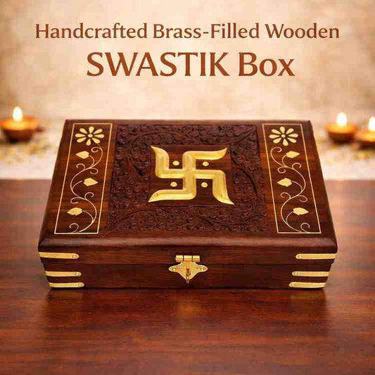 Handcrafted Brass-Filled Wooden SWASTIK Box | Good Luck & Spiritual Storage Box