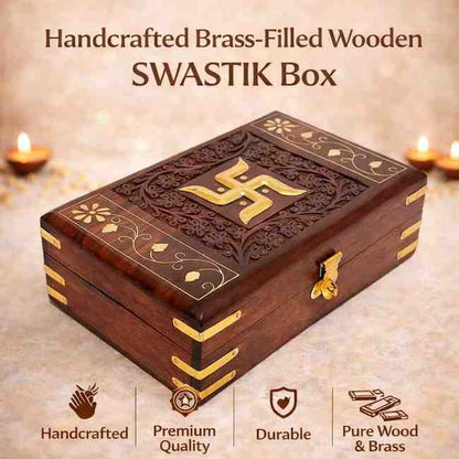 Handcrafted Brass-Filled Wooden SWASTIK Box | Good Luck & Spiritual Storage Box