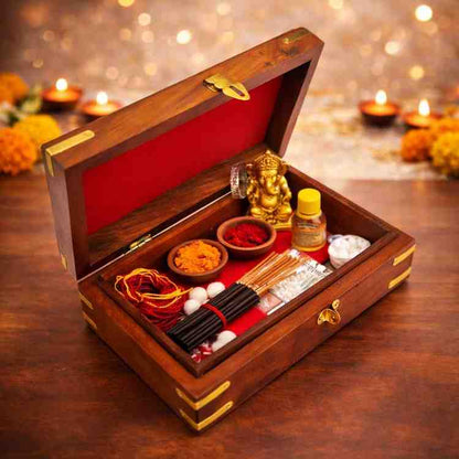Handcrafted Brass-Filled Wooden SWASTIK Box | Good Luck & Spiritual Storage Box
