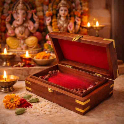 Handcrafted Brass-Filled Wooden SWASTIK Box | Good Luck & Spiritual Storage Box