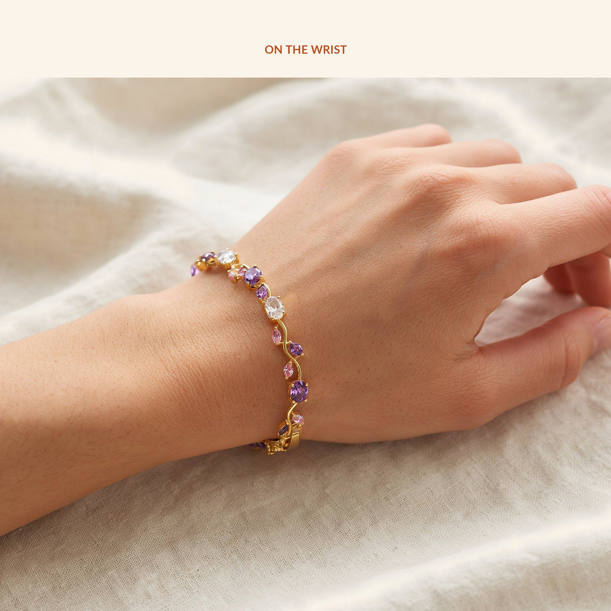 Tulip Flower Bracelet (Pink and Purple), on the wrist