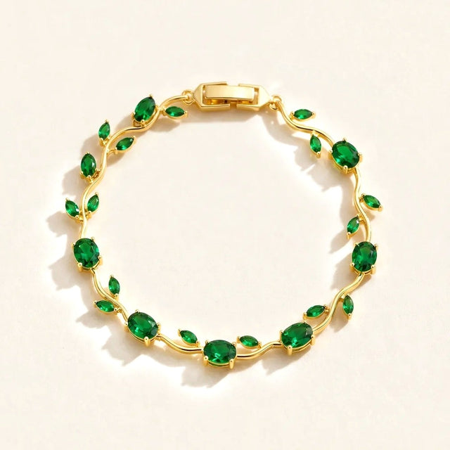Green tulip bracelet with gold tone vine and green stones, full view