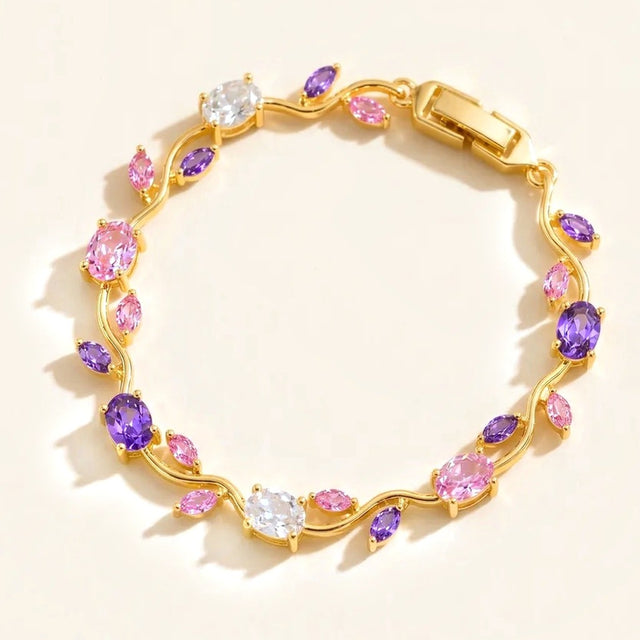 Pink and purple tulip bracelet with gold tone vine, full view
